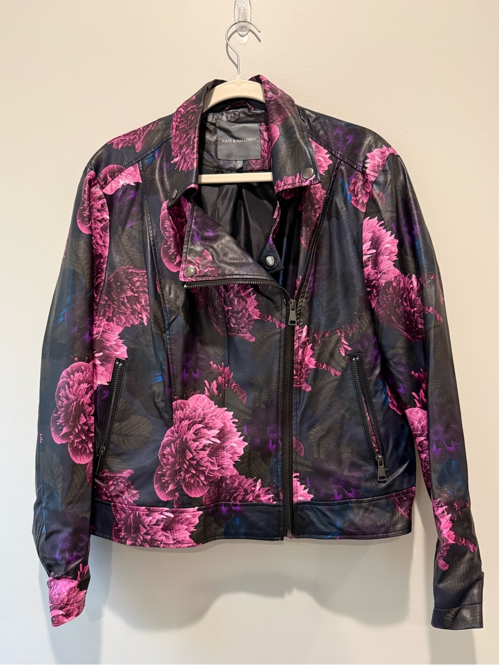 Kate & Mallory Black Vegan Leather Moto Jacket with Pink Floral Print XL